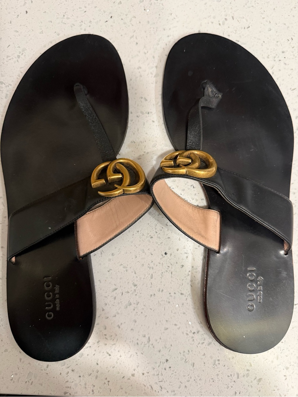 Gucci GG Marmont Black Leather Sandals with Gold Double G